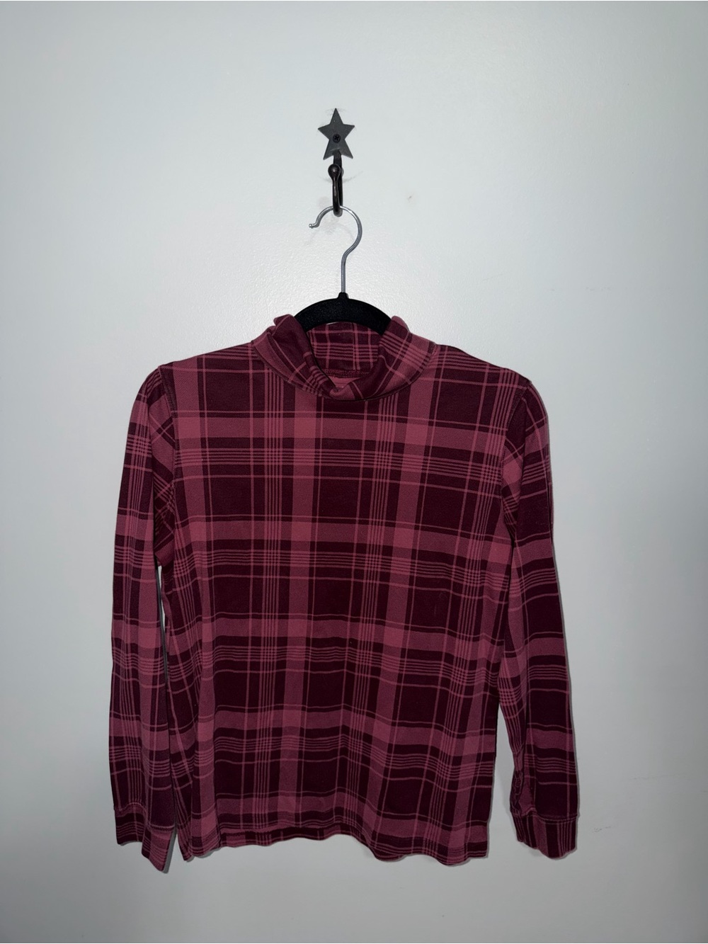 LL Bean Womens Medium Regular Mock Neck Turtleneck Shirt Plaid Pink Maroon Long